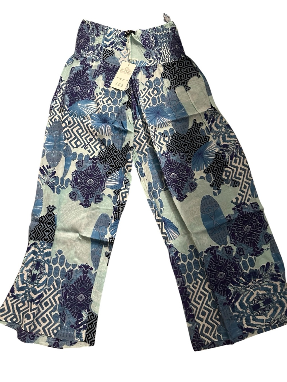 S/M.  Sacred Threads Blue Floral Patchwork Pants.  BL/GR